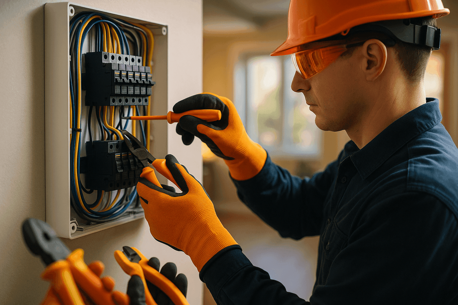 Residential electrician wearing safety gear wiring a clean electrical panel indoors