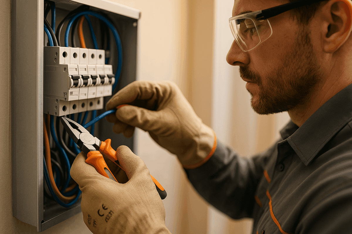 Close-up of electrician’s gloved hands wiring a residential electrical panel safely