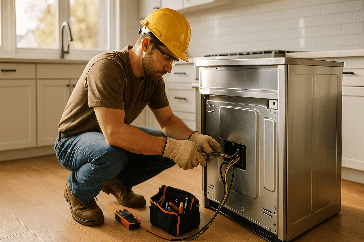 Electrician installing kitchen appliance with proper wiring