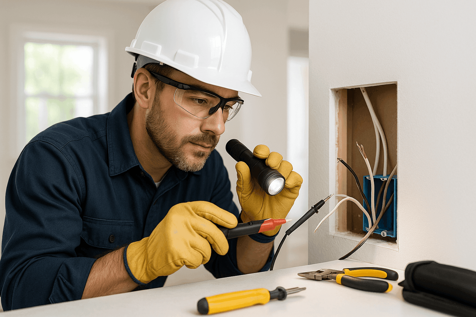 Electrician inspecting wiring for code compliance in home