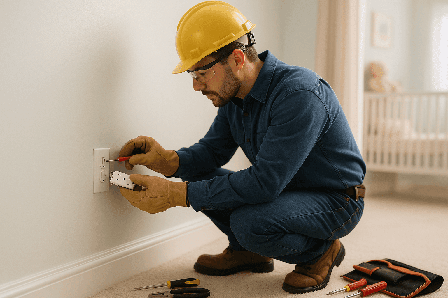 Electrician installing tamper-resistant outlet in nursery