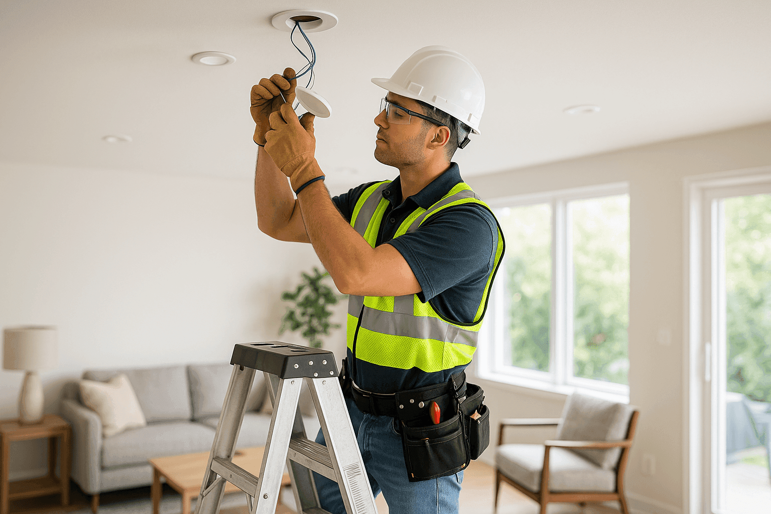 Electrician installing modern lighting fixtures in a home's living room
