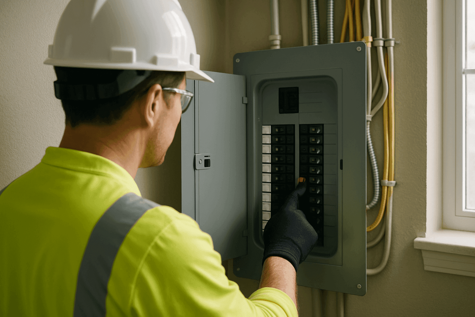 Electrician inspecting a tripped circuit breaker in a home panel