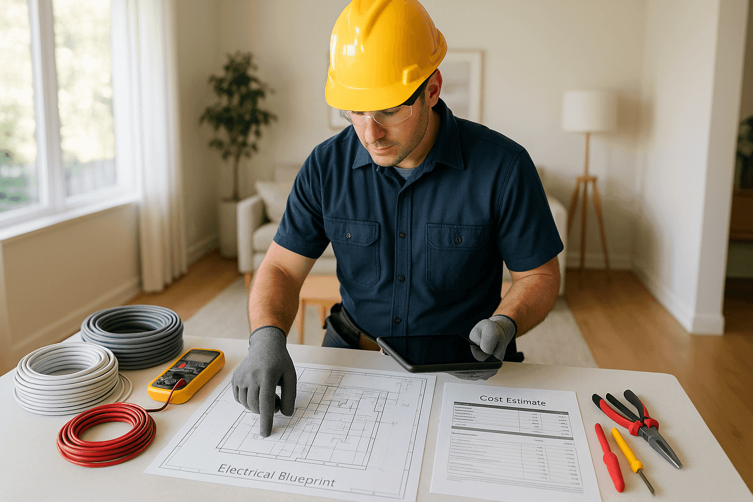 Electrician estimating cost for rewiring a residential house