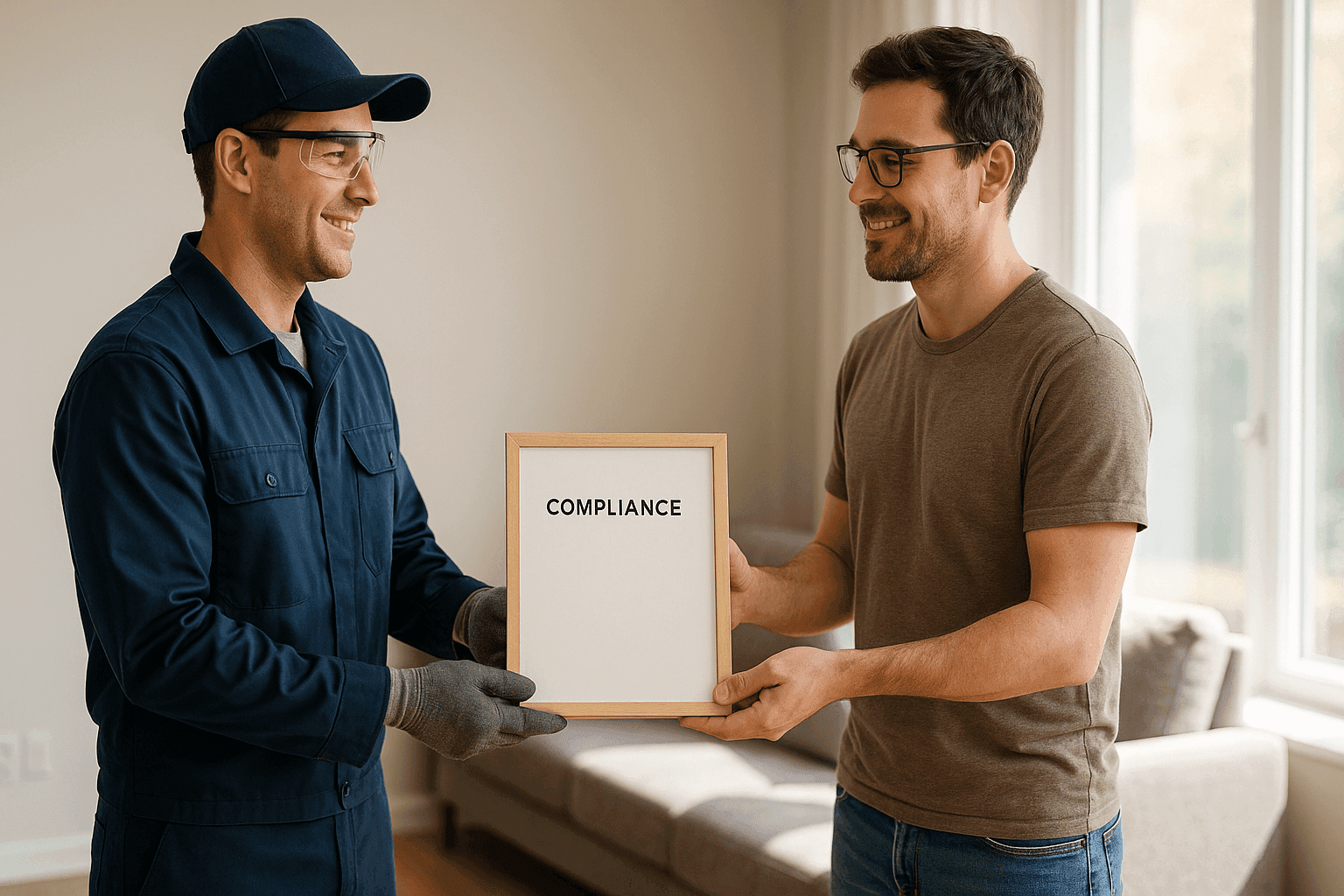 Electrician presenting electrical compliance certificate to homeowner