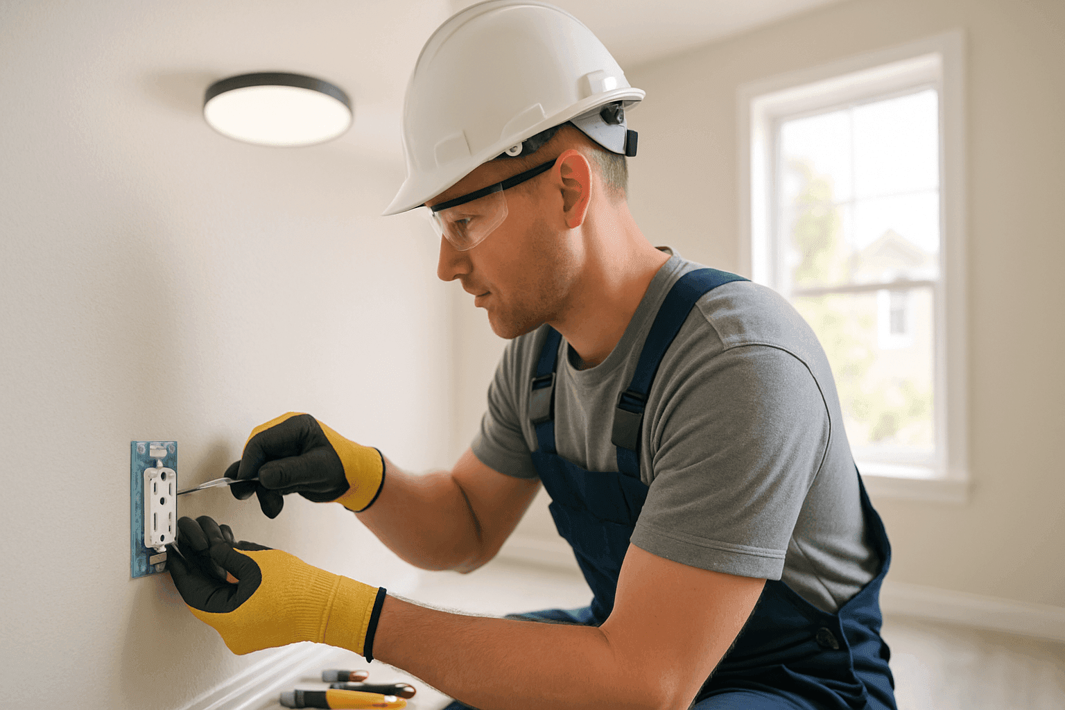 Electrician installing outlet and light fixtures in modern home