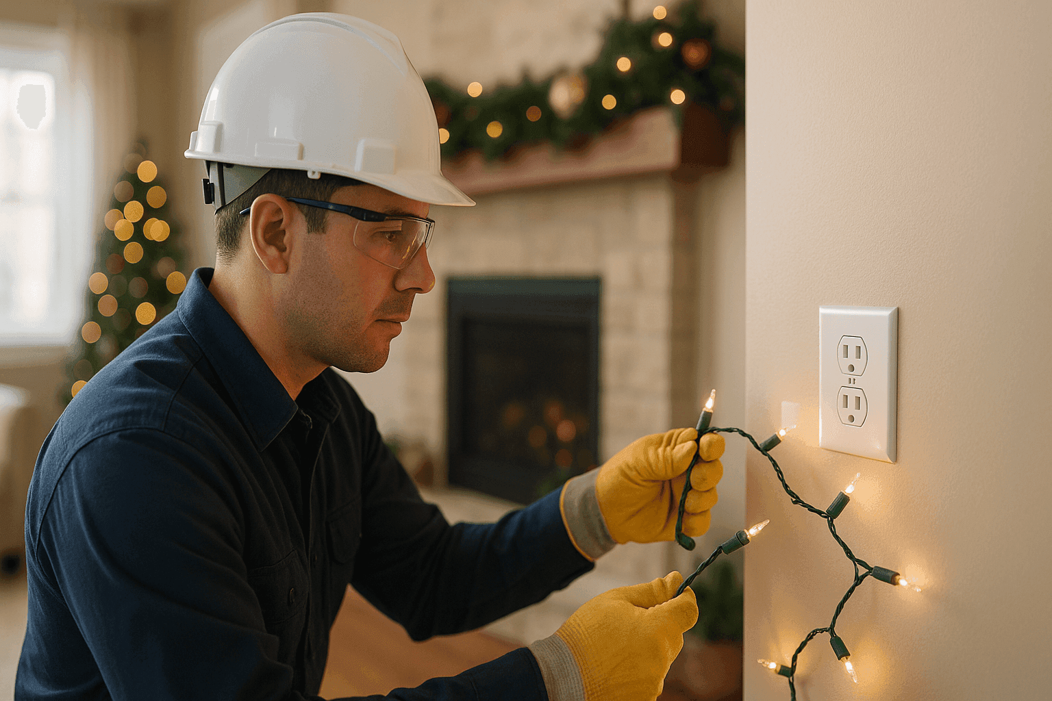 Electrician inspecting holiday lights and outlets in a decorated home