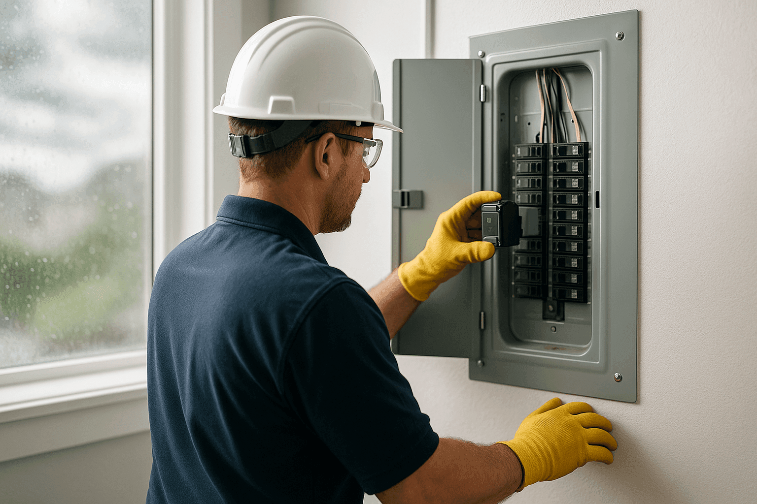Electrician inspecting surge protector after storm in home