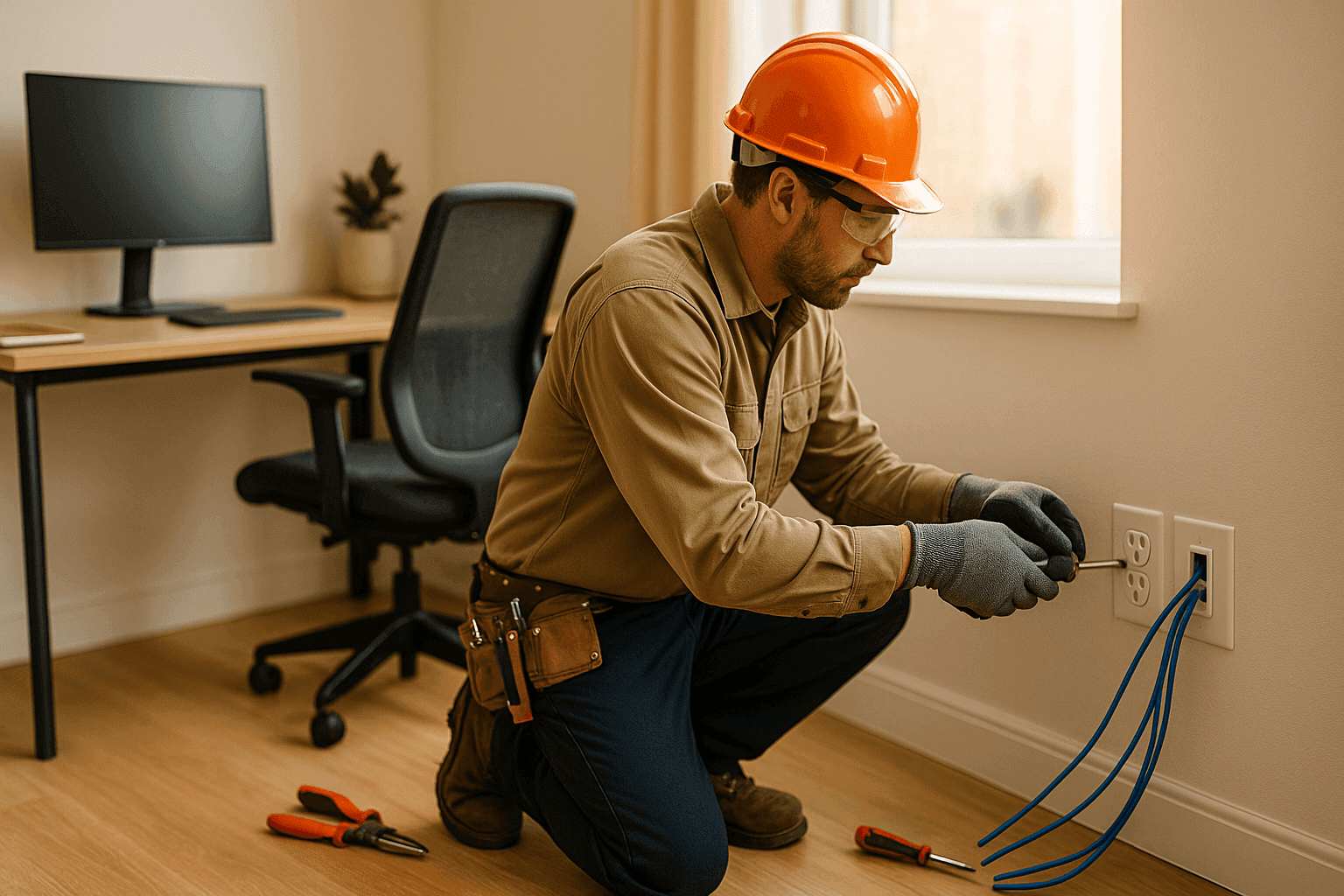 Electrician upgrading outlets and cabling for home office