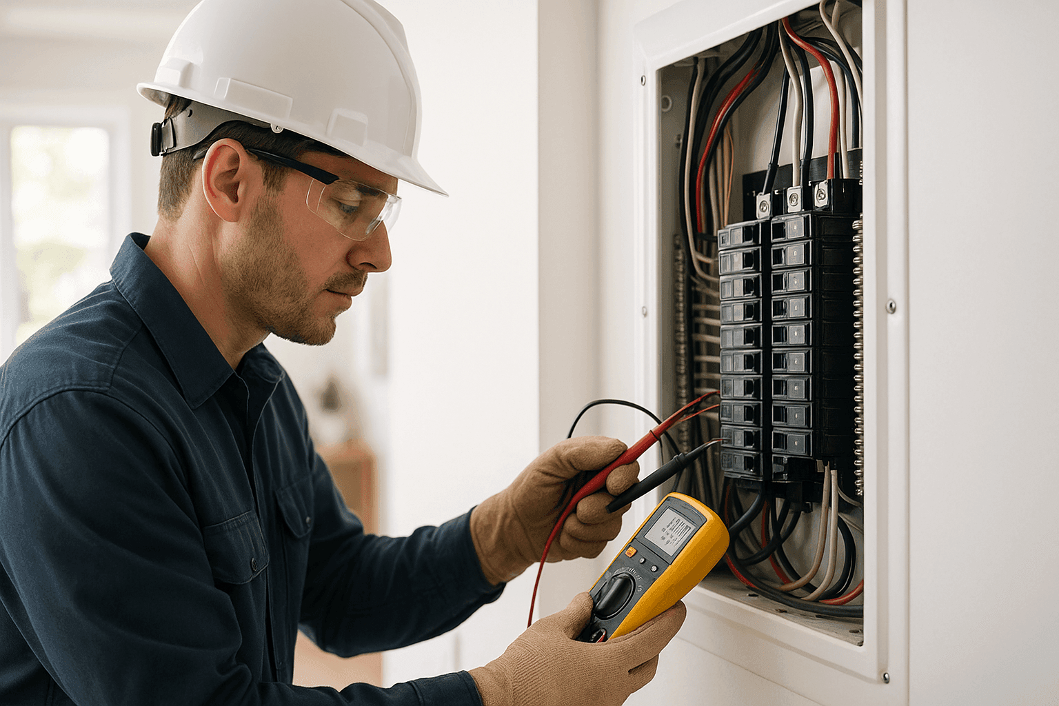 Electrician using multimeter to diagnose home wiring fault