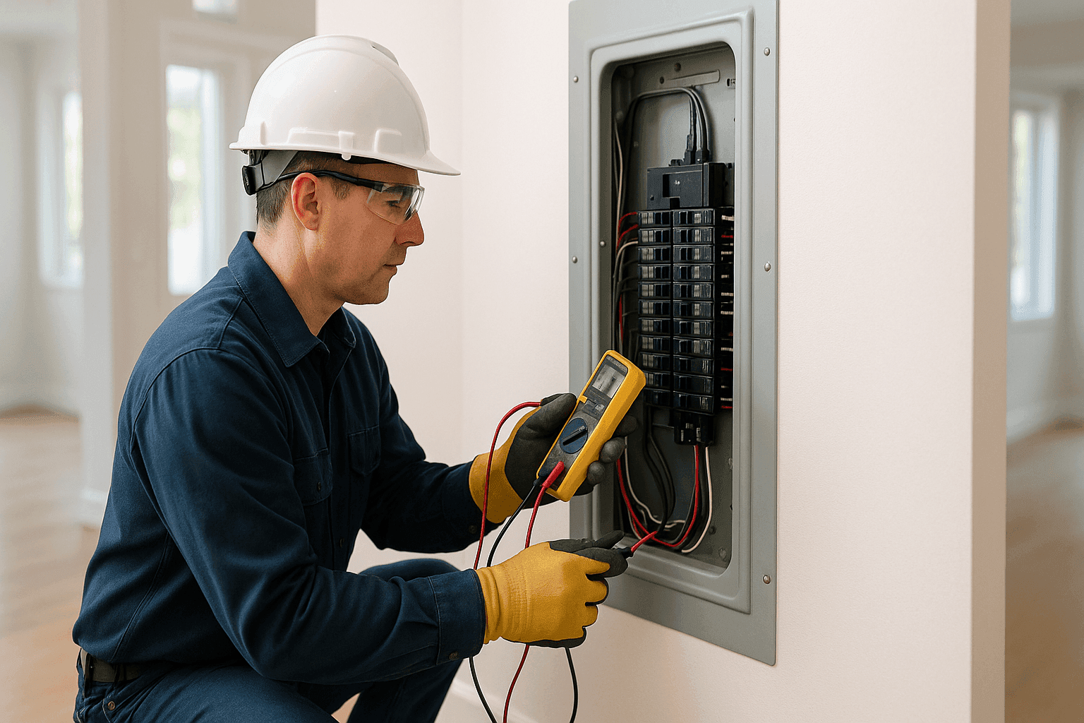 Electrician performing safety inspection on home electrical panel