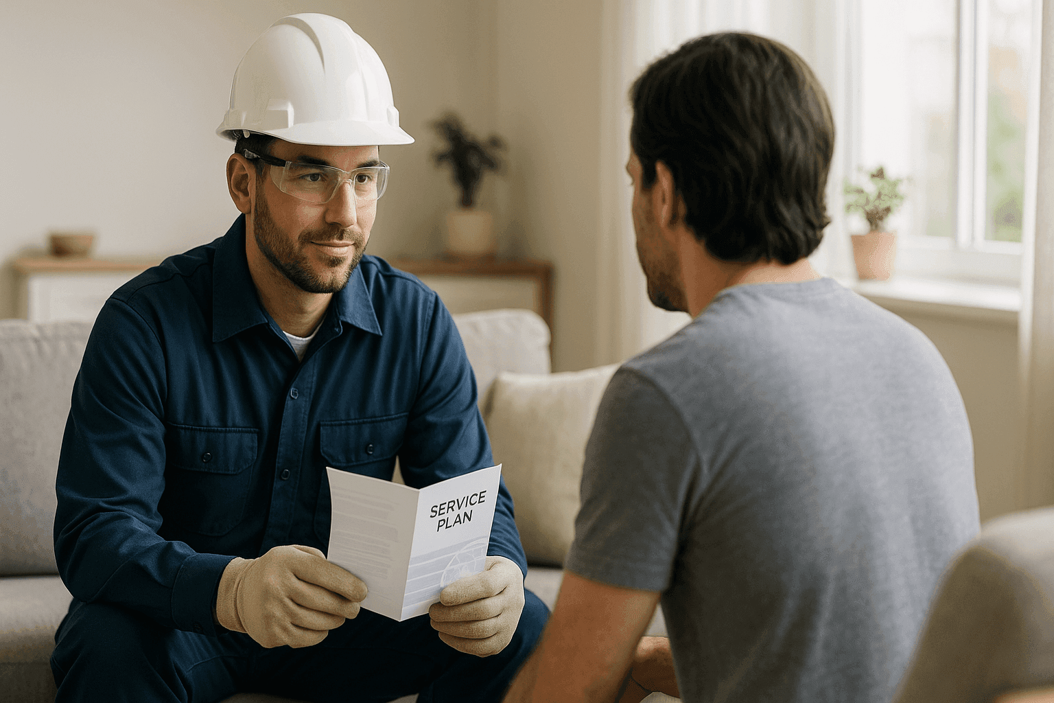 Electrician explaining electrical service plan to homeowner