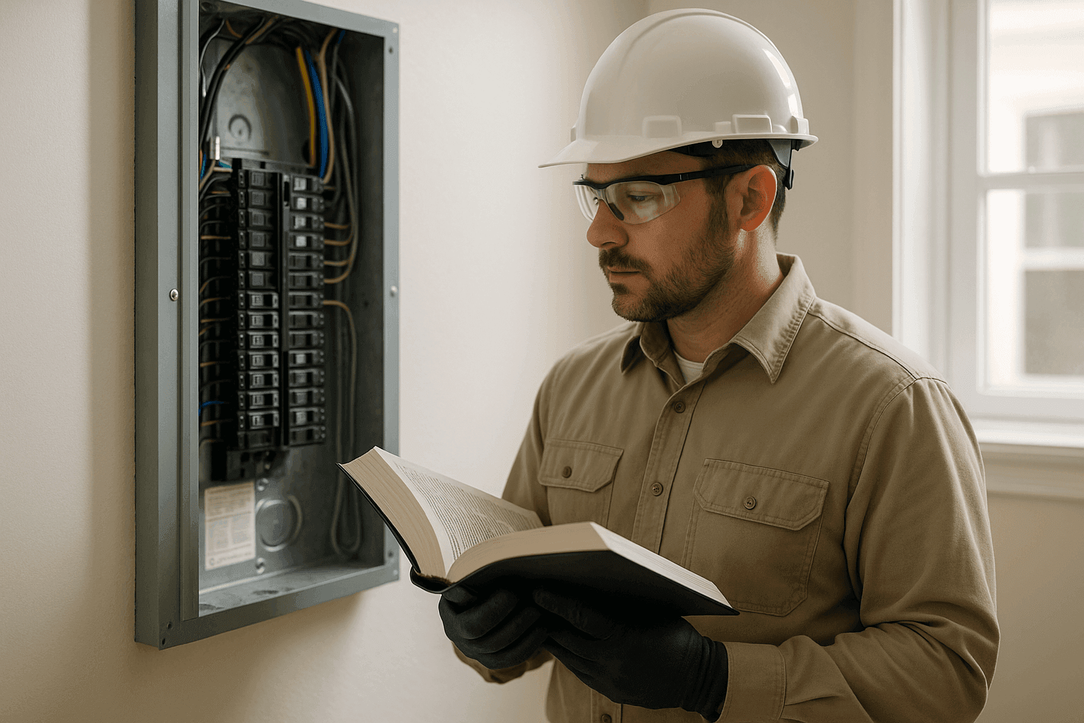 Electrician reviewing electrical code book during inspection