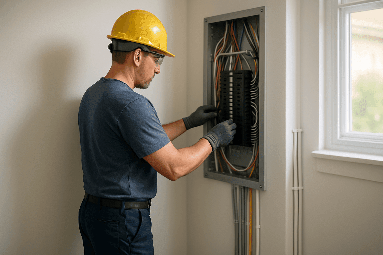 Electrician installing electrical panel in modern home