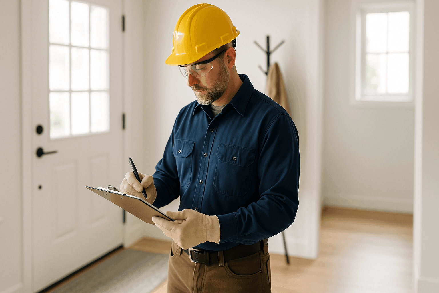Electrician checking inspection schedule on clipboard in home