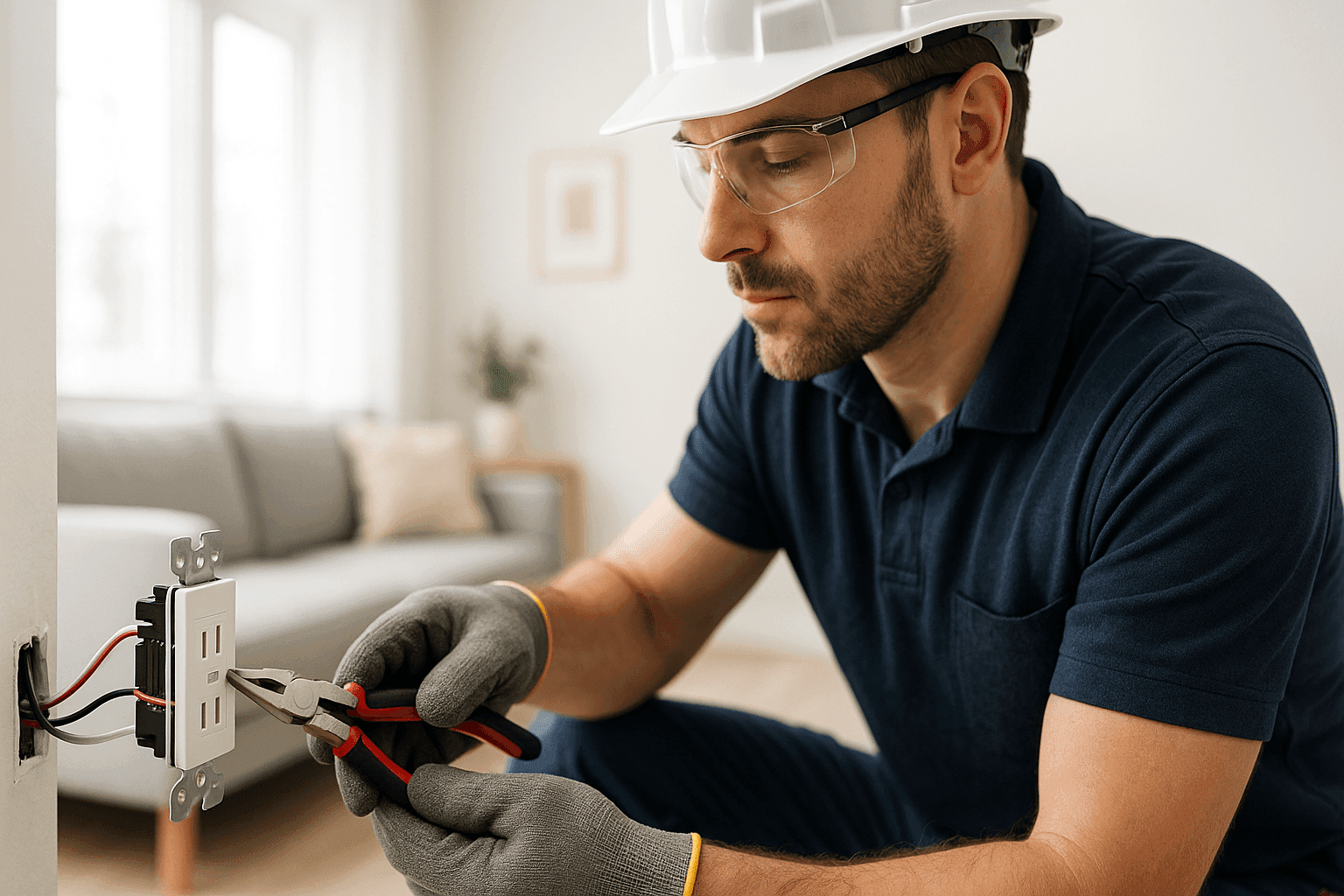 Electrician installing USB outlet in modern living room
