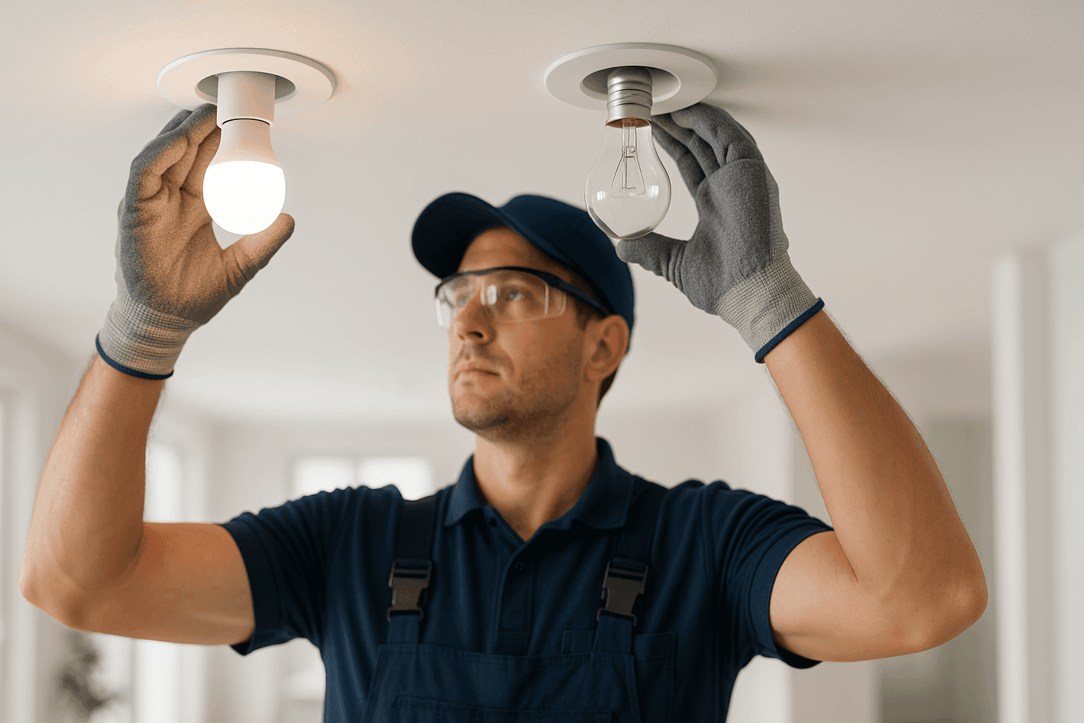 Electrician installing LED and traditional bulbs side by side