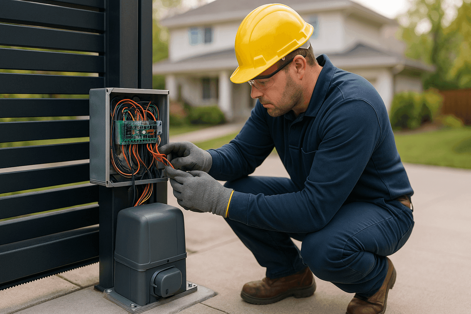 Electrician wiring motor control system for home gate