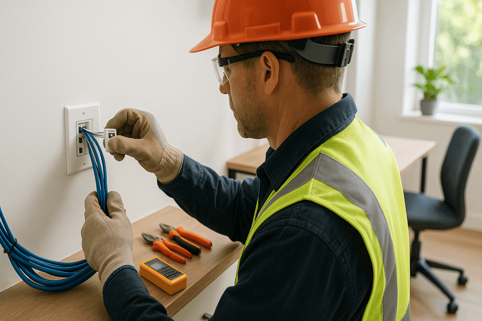 Electrician installing ethernet and phone cabling in home office