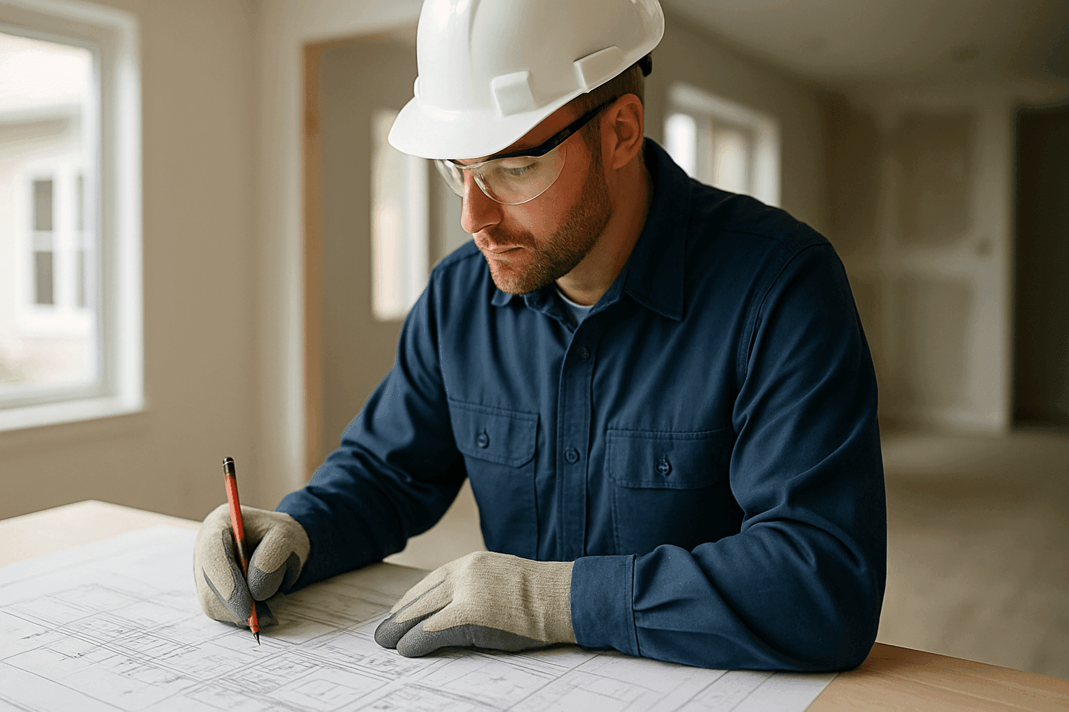 Electrician planning renovation wiring on blueprints