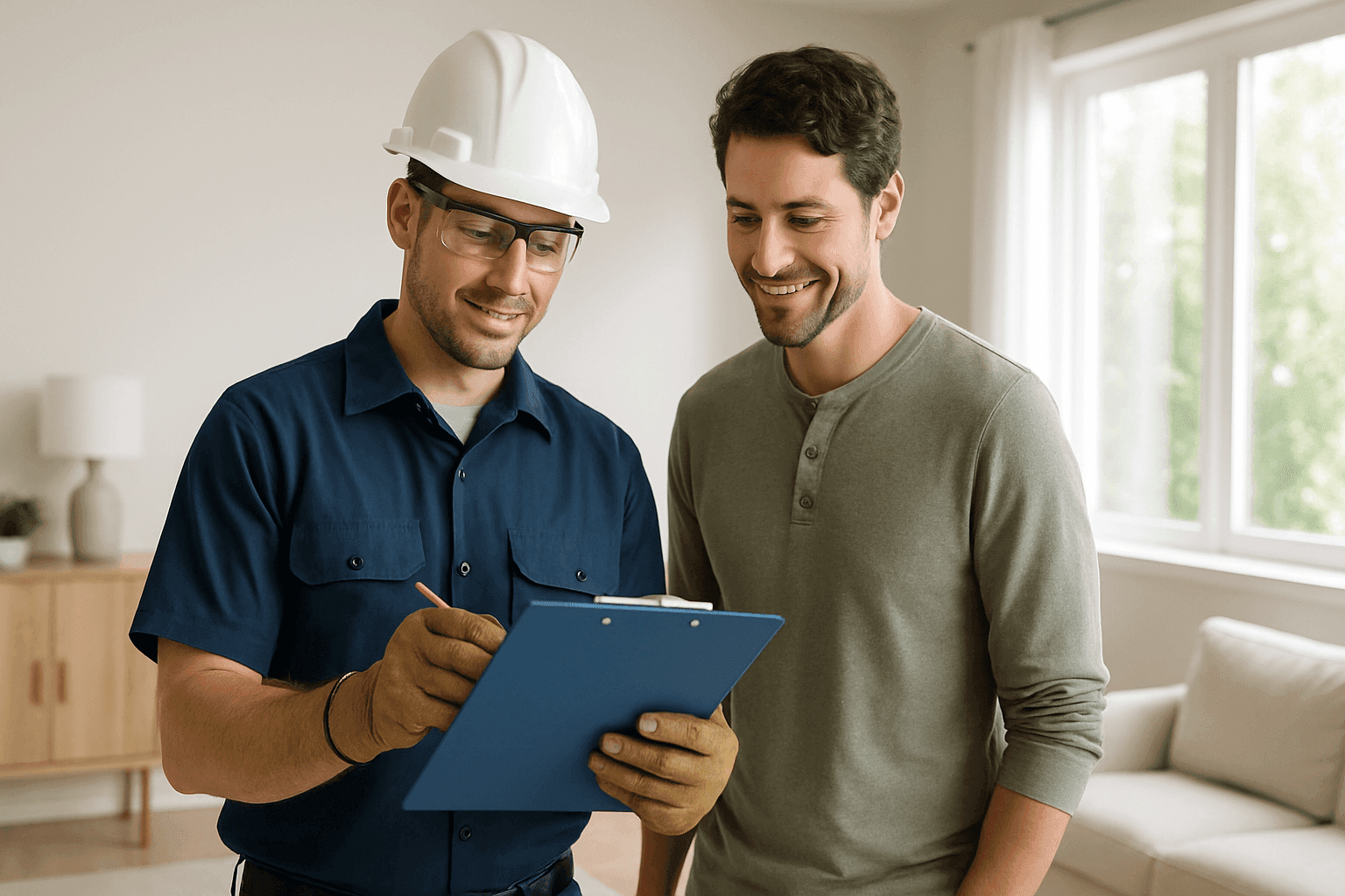 Electrician and homeowner reviewing electrical work prep checklist