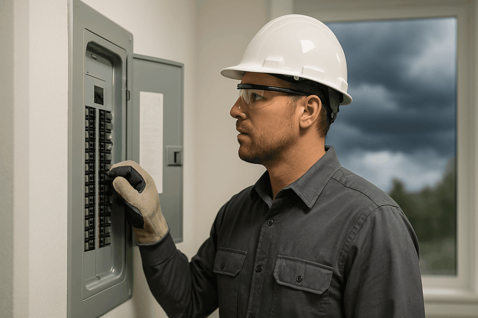 Electrician inspecting home electrical panel before a severe storm