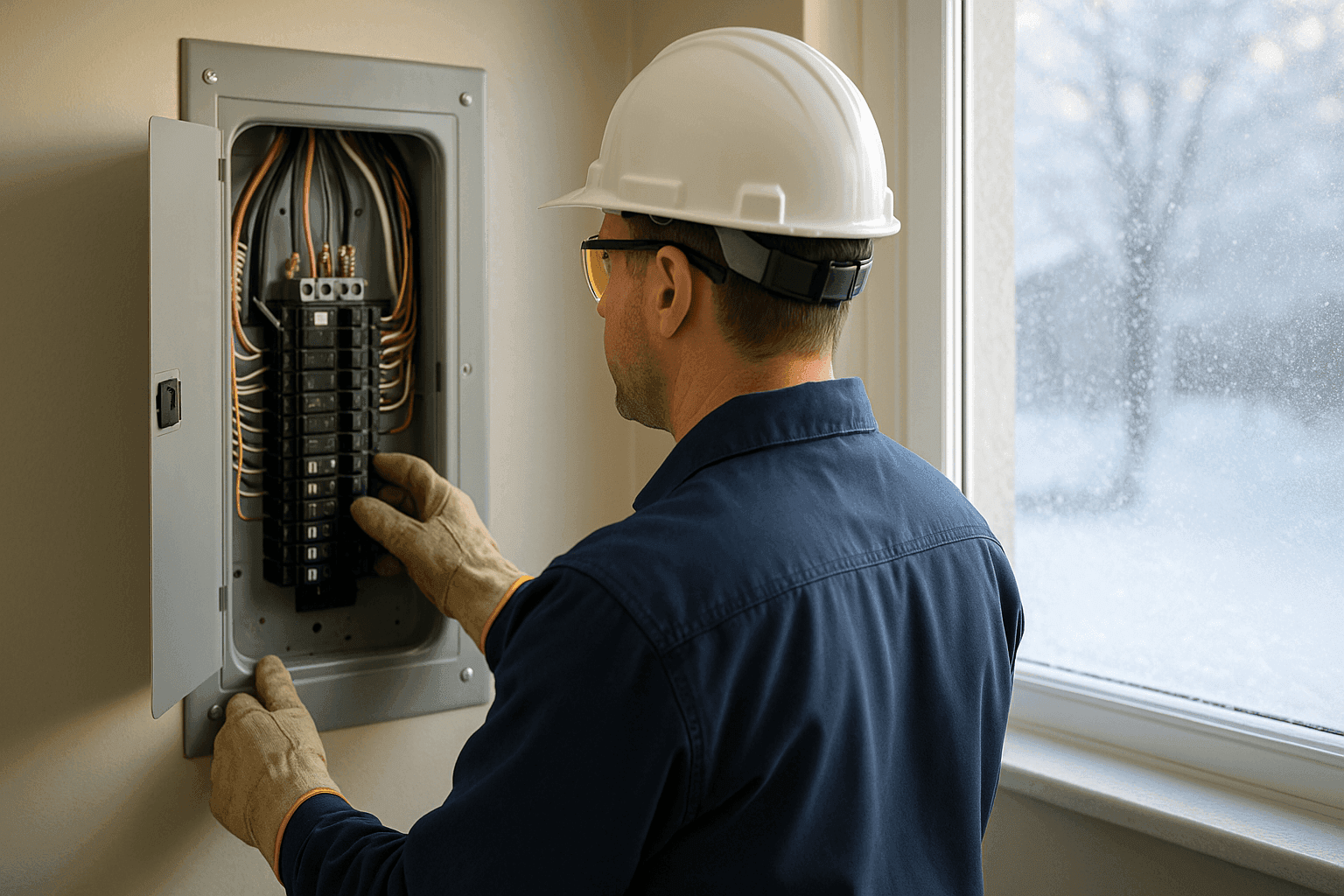 Electrician inspecting home electrical panel in winter