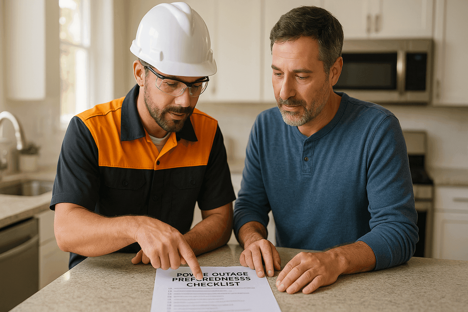 Electrician reviewing power outage checklist with homeowner