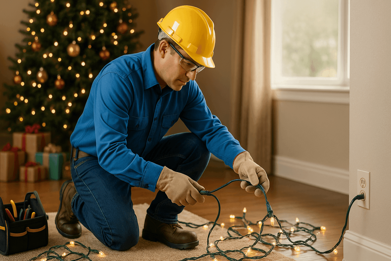 Electrician inspecting holiday lights for safety in living room