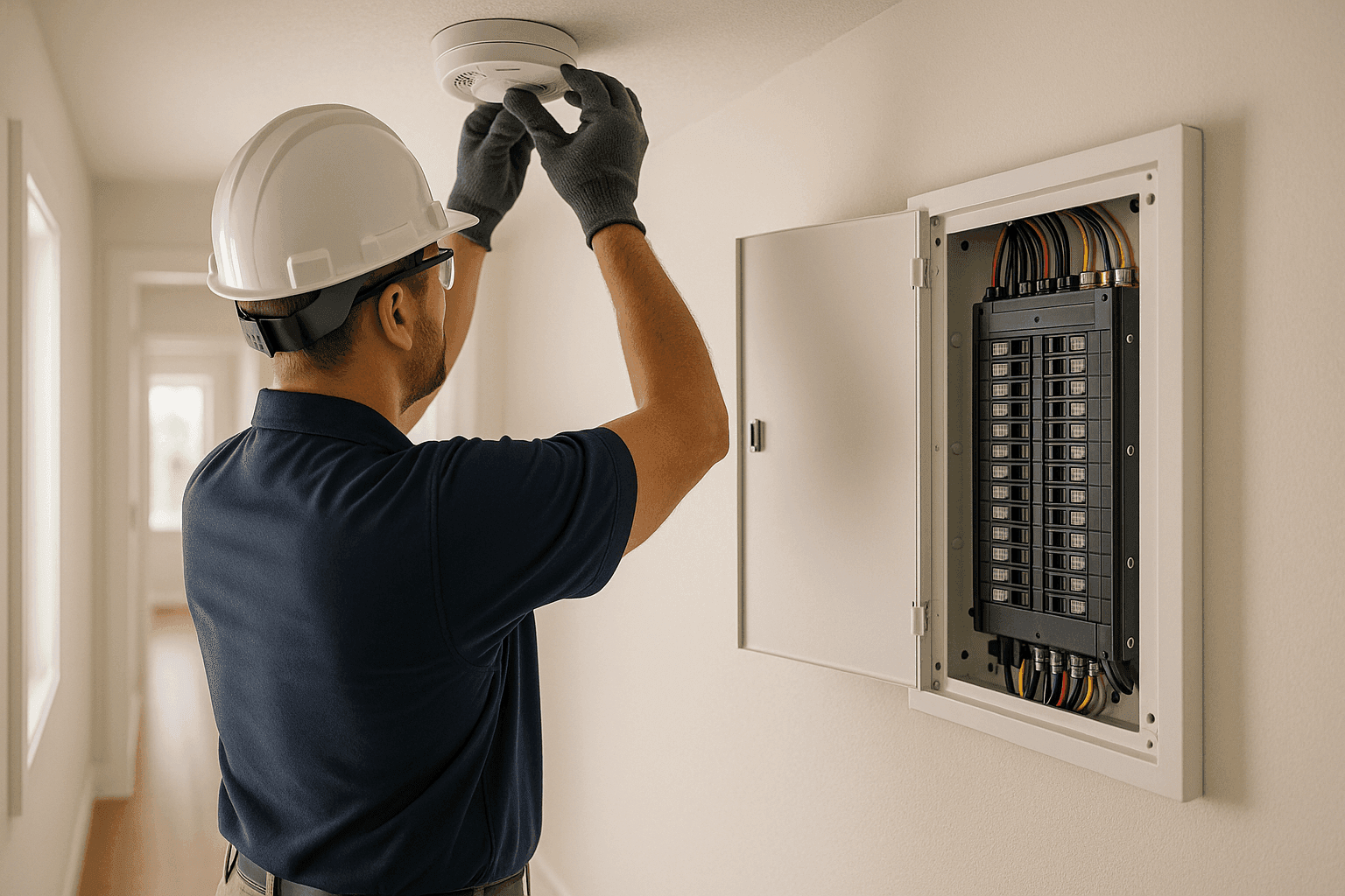 Electrician installing smoke detector for fire prevention