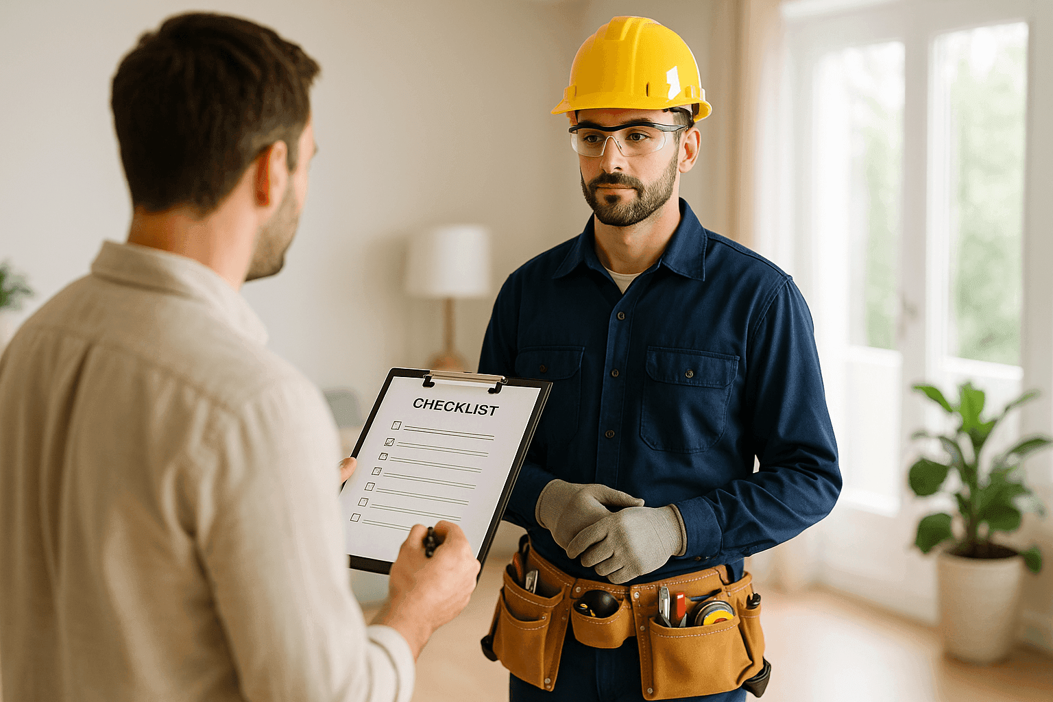 Homeowner interviewing electrician with checklist