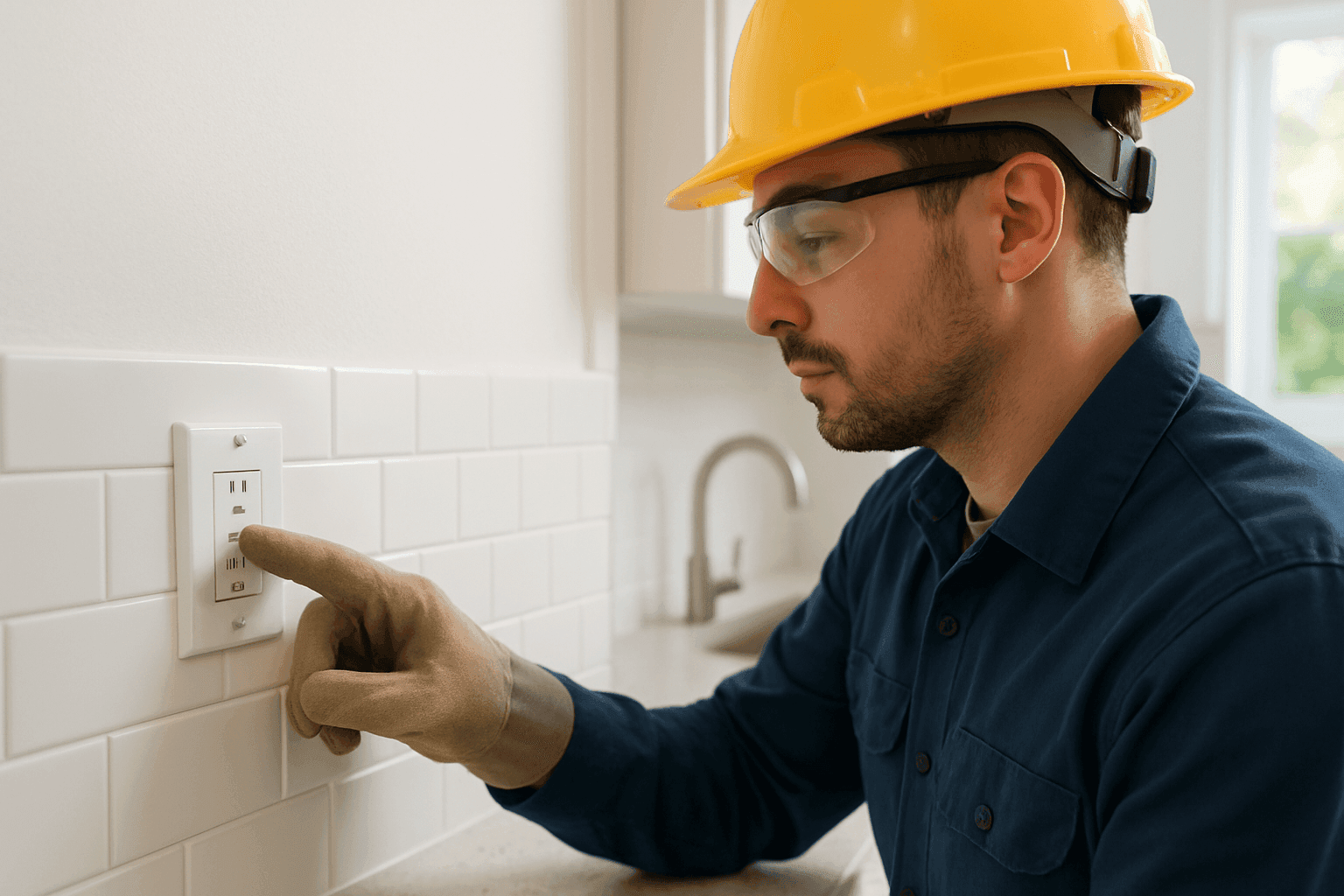 Electrician demonstrating GFCI outlet reset in kitchen