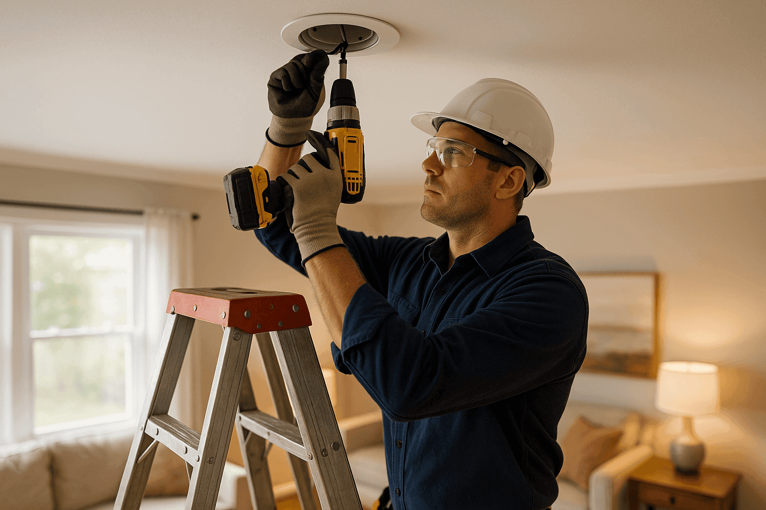 Electrician installing recessed lighting in living room ceiling