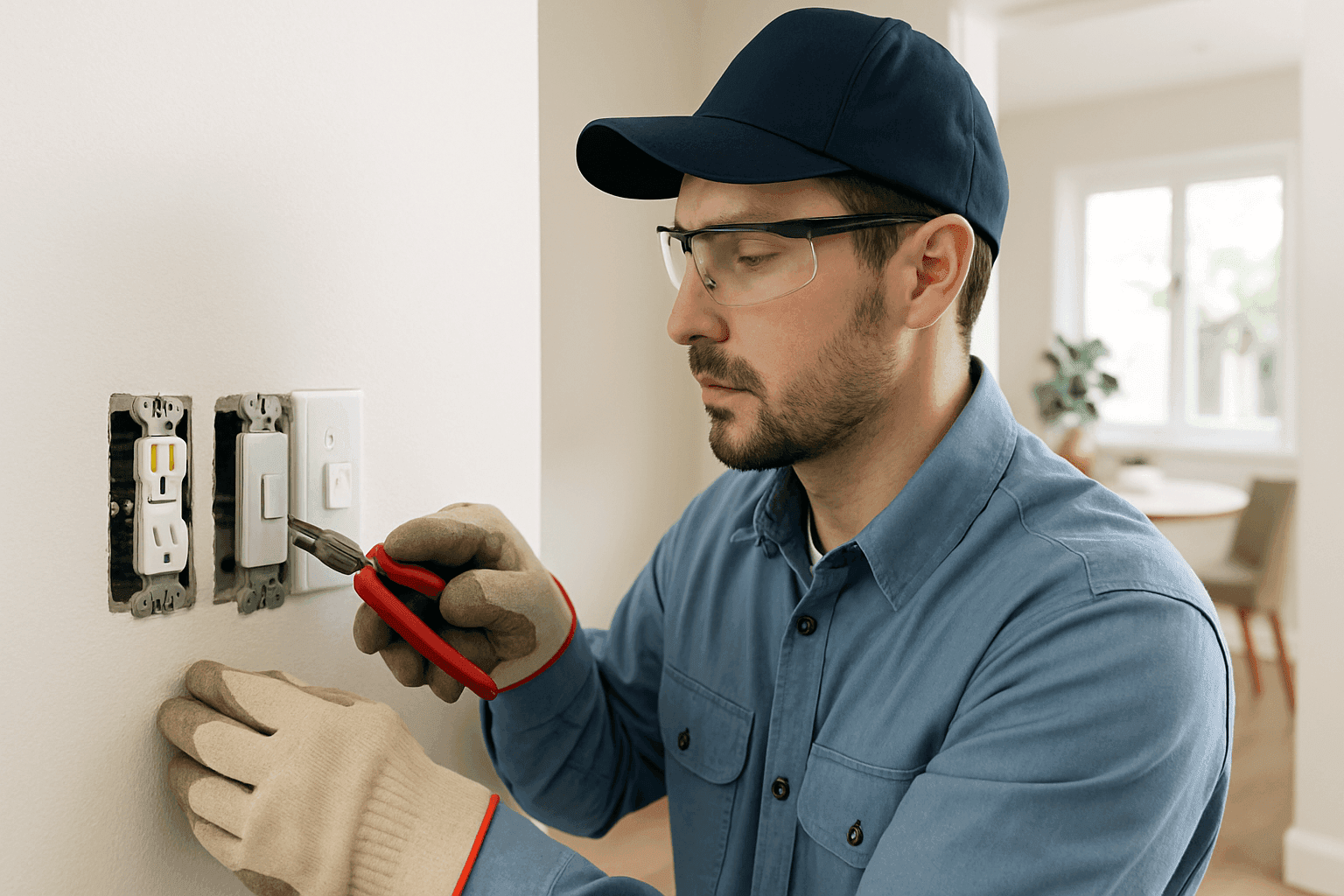 Electrician upgrading wall outlets and light switches in a home