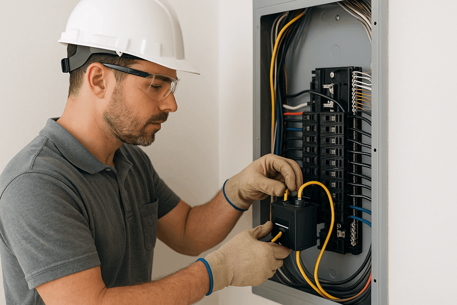 Electrician installing whole home surge protector at panel