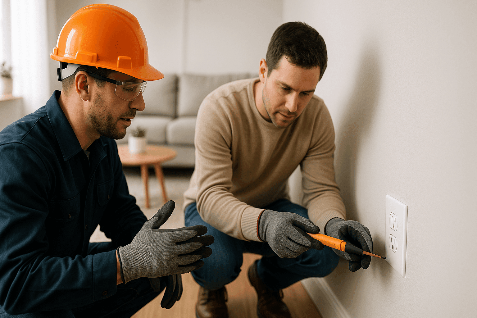 Homeowner checking a malfunctioning wall outlet with an electrician's guidance