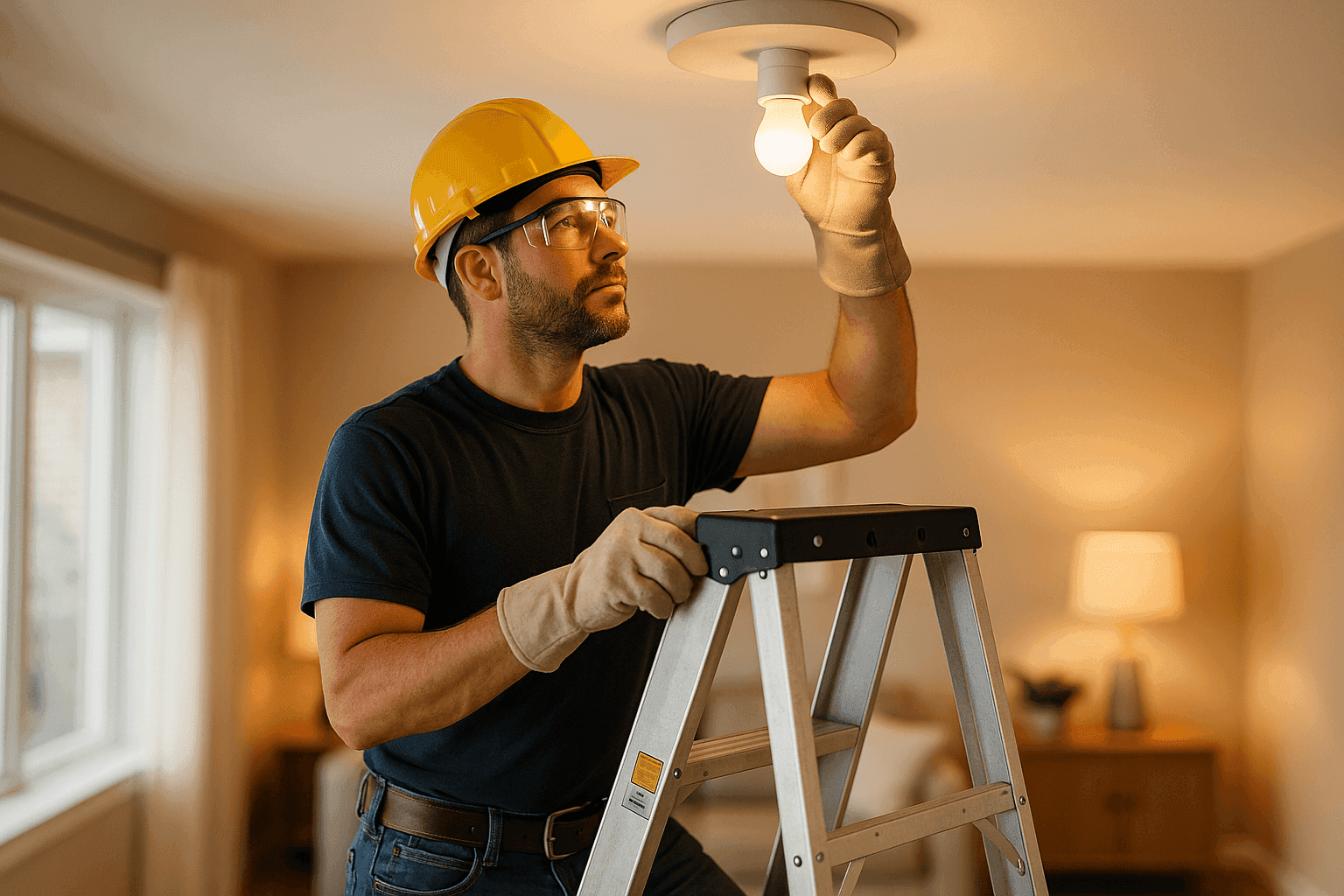 Electrician inspecting flickering ceiling light in home