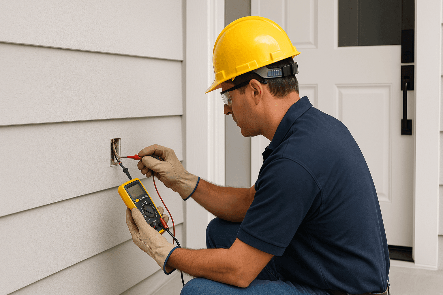Electrician testing doorbell wiring at front entrance