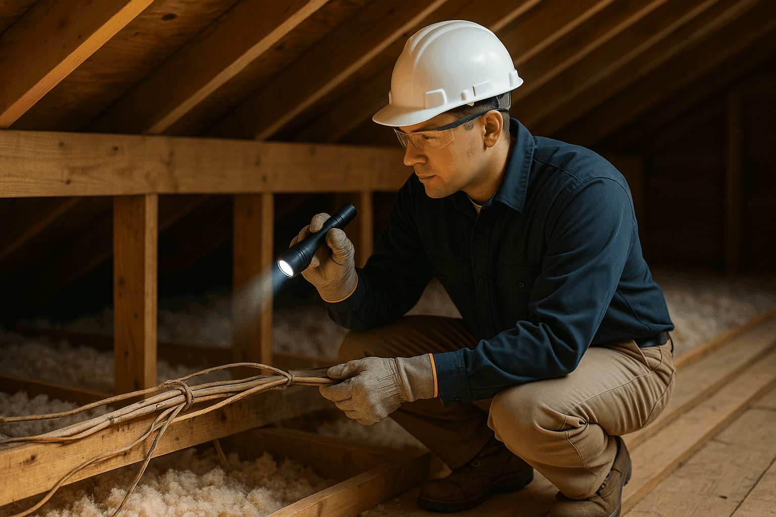 Electrician examining old wiring in home attic