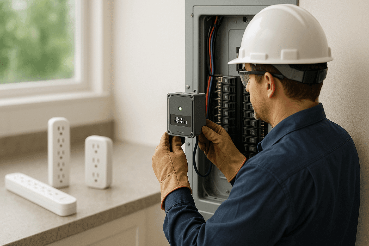 Electrician installing whole-home surge protector at panel