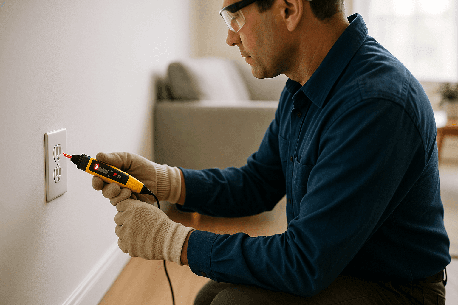 Electrician testing non-working wall outlet with voltage tester