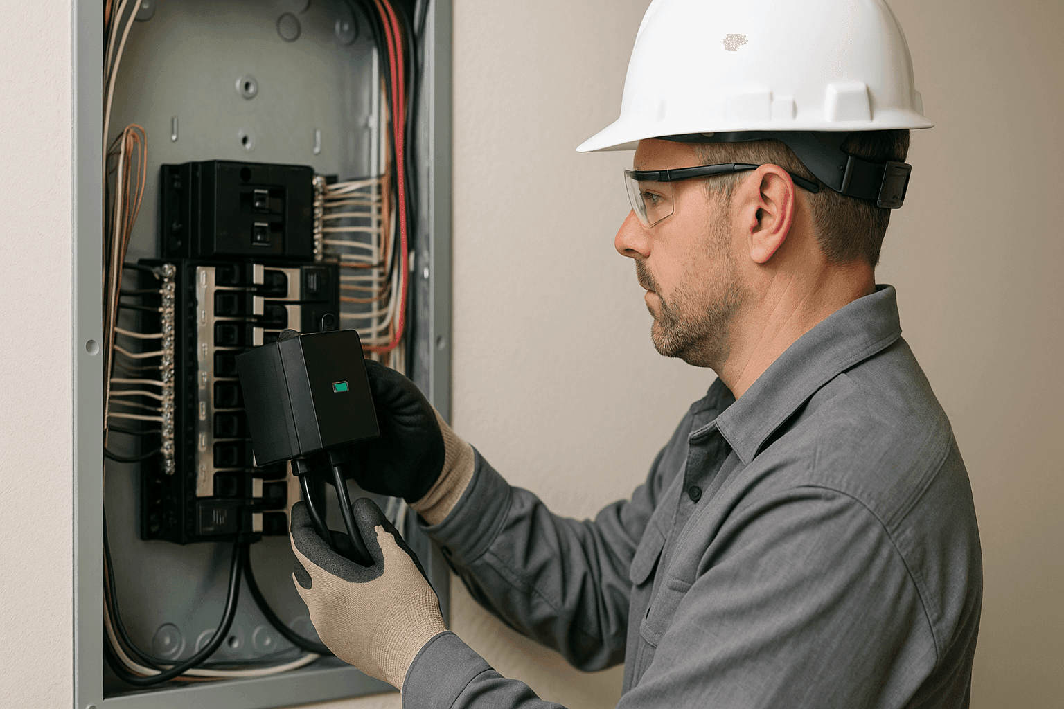 Electrician installing a surge protector device in a home panel