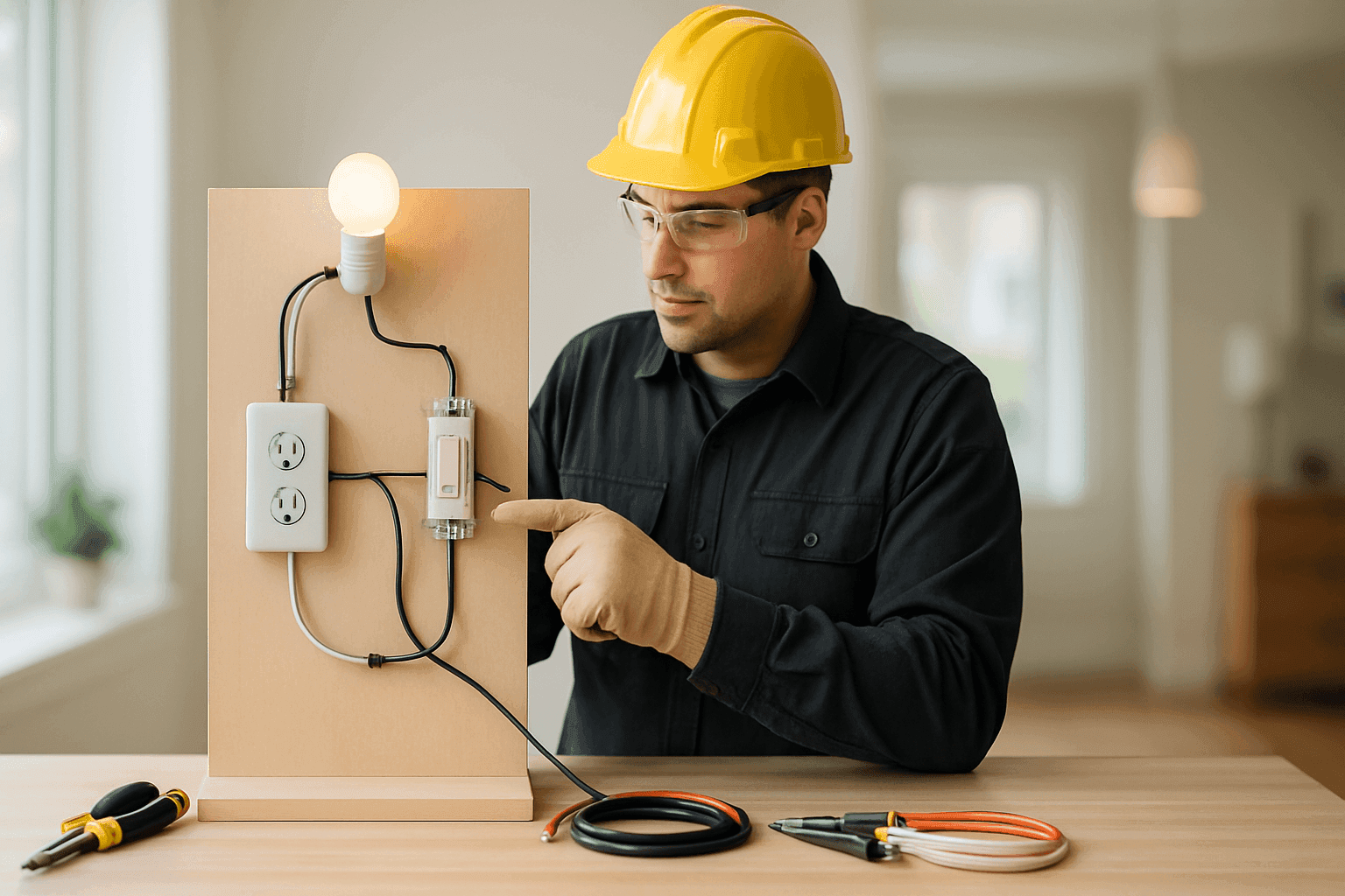 Electrician demonstrating home wiring and circuit basics